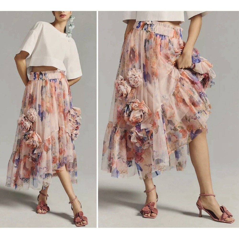 Anthropologie Maeve 3-D Mesh Tulle Pink High Low Ruffle Hem Whimsi Skirt Sz L